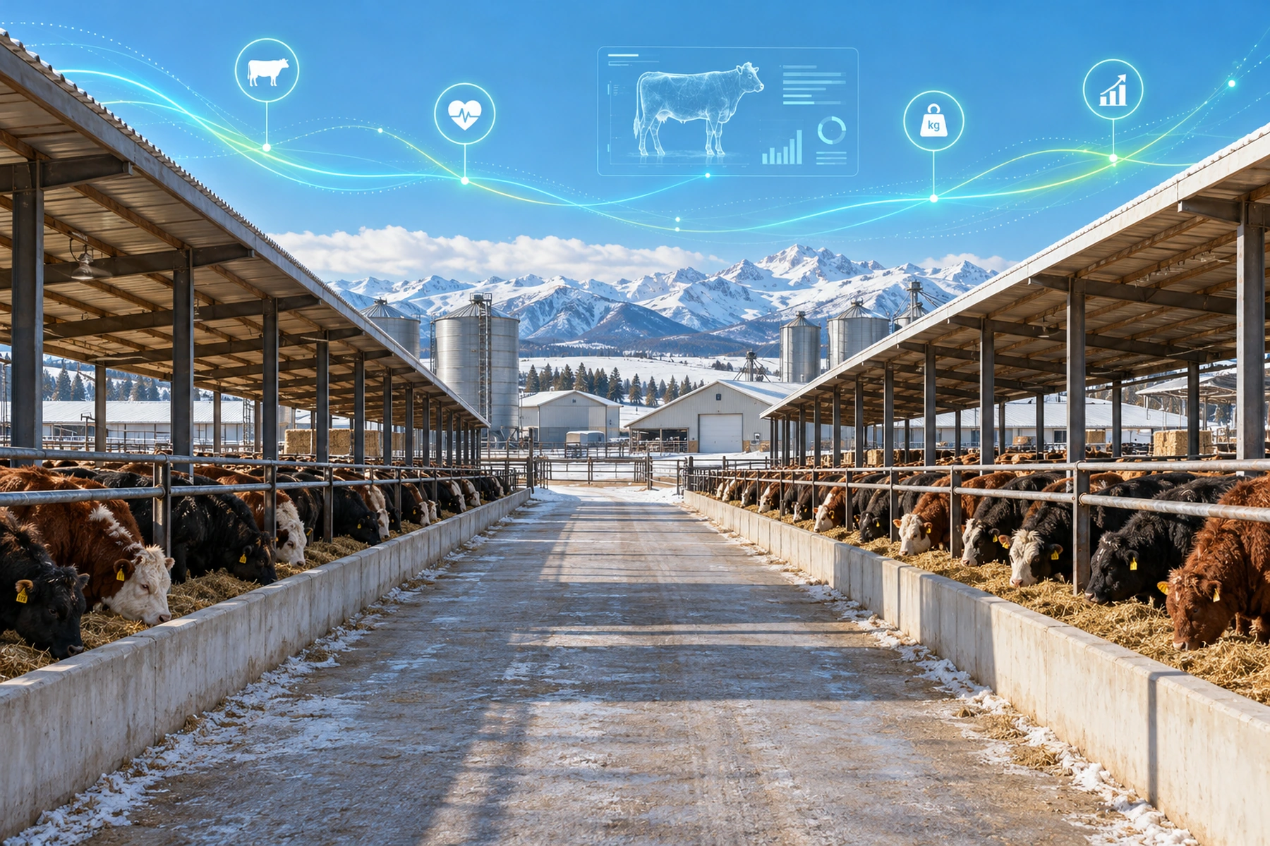 Cattle in sheltered feeding areas beside a farm service lane during winter, with conceptual intelligence overlays.