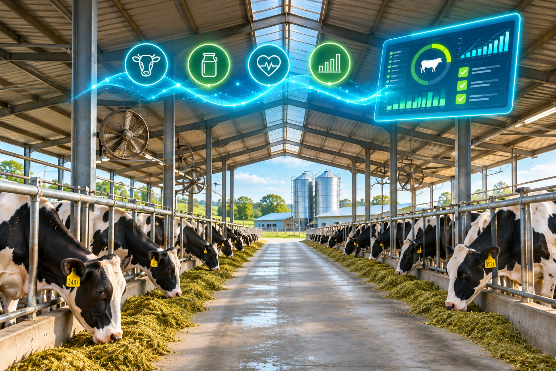 Dairy cows feeding inside a covered commercial barn with illustrative intelligence graphics.