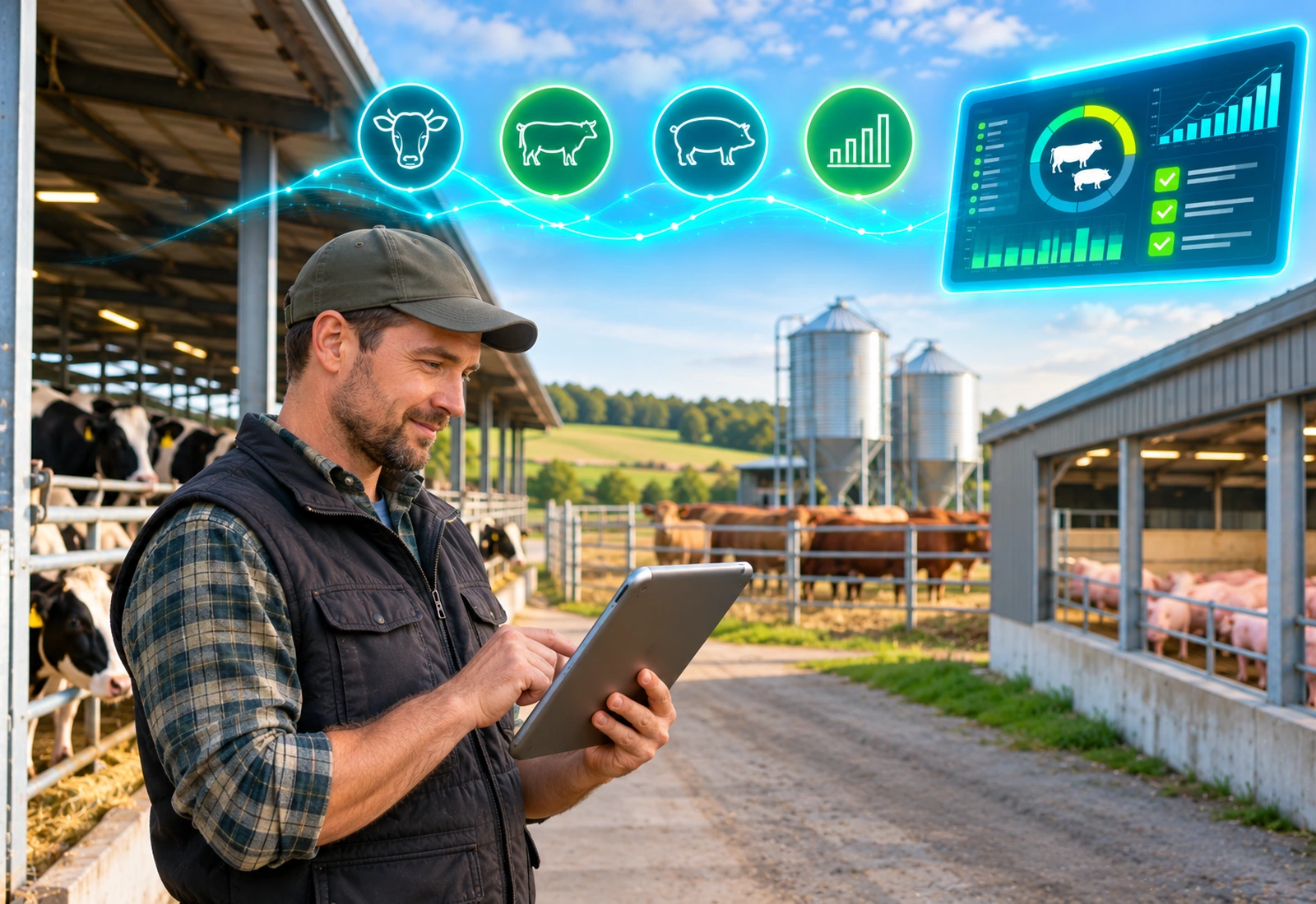 Farm manager reviewing information on a tablet in a livestock farming environment.