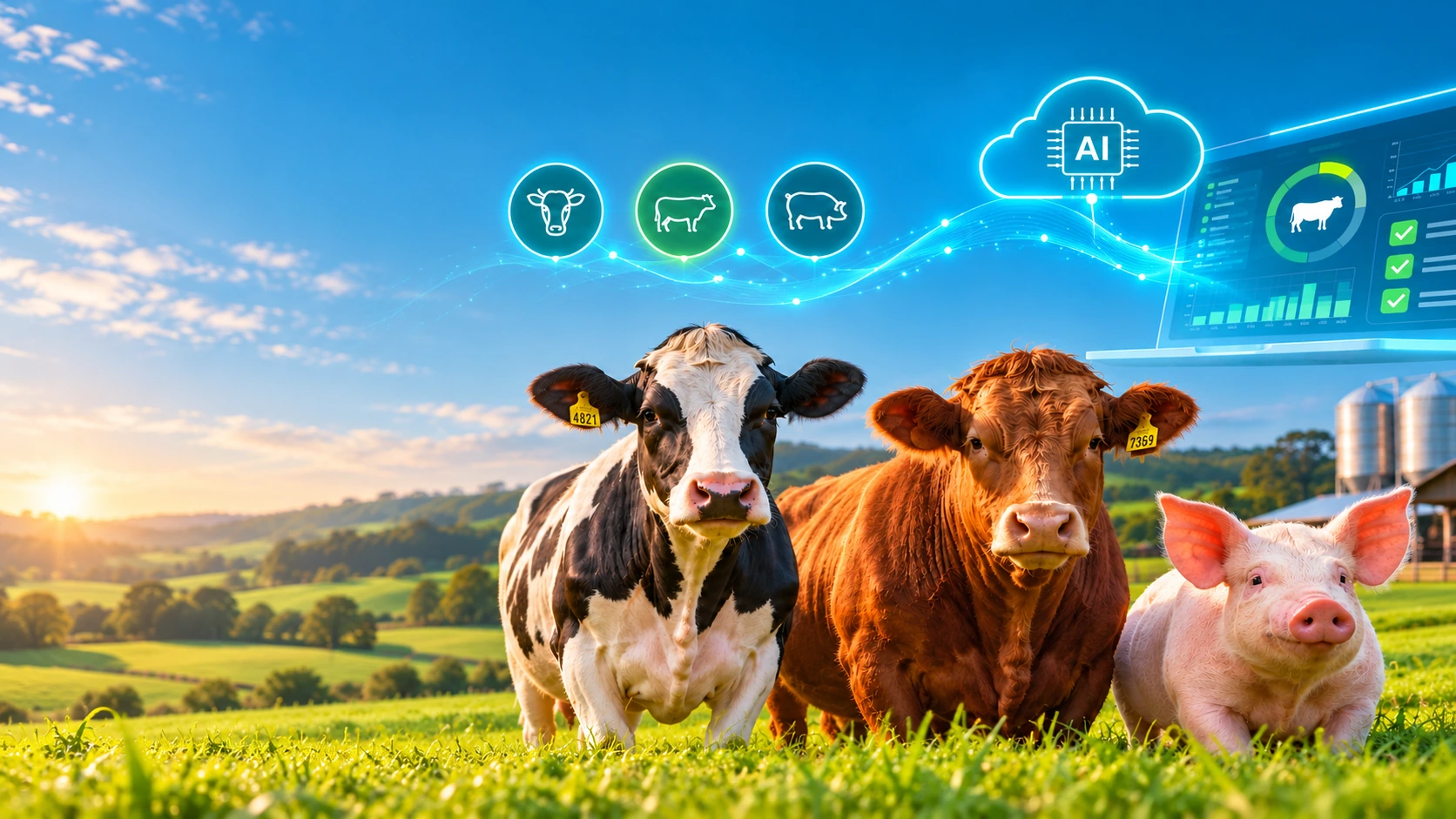 Illustrative view of dairy cattle, cattle and a pig with Animal Intelligence graphics at a farm.