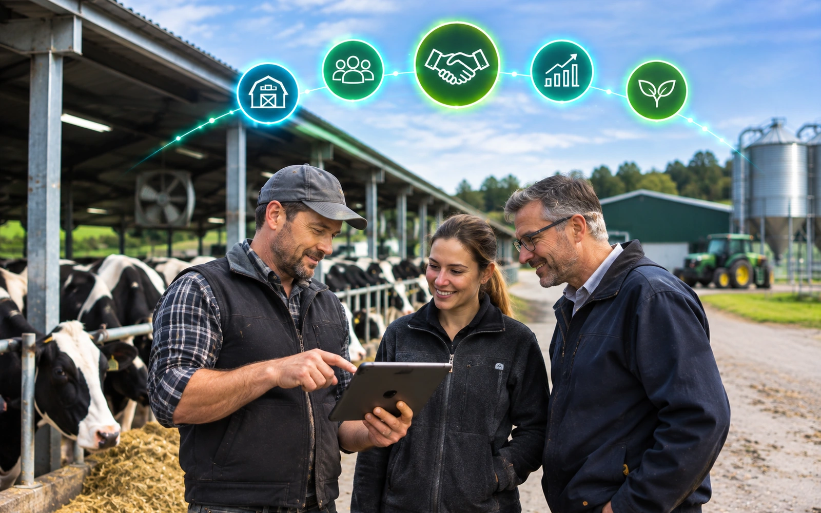Farm operator and industry colleagues examining information together at a dairy farm.