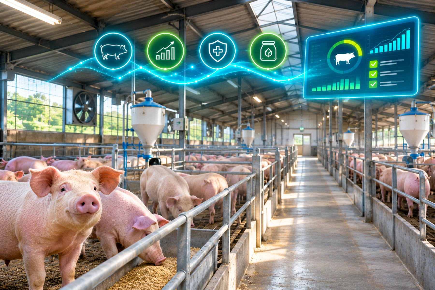Pigs in a modern commercial pig barn with conceptual intelligence visuals.